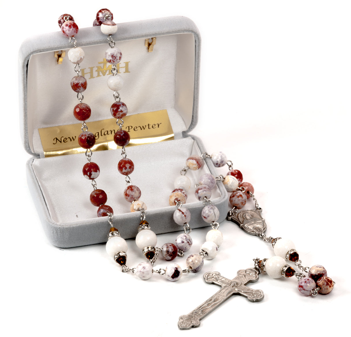 White and Rust Onyx Gemstone 8mm Bead Rosary with Genuine Pewter Crucifix and Centerpiece