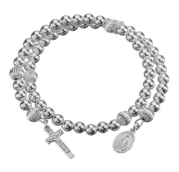 Wrap Bracelet All Sterling Beads with Sterling Crucifix and Medal