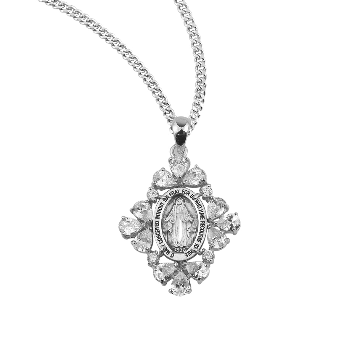 Sterling Silver Miraculous Medal with Cubic Set Zirconia's "CZ's"