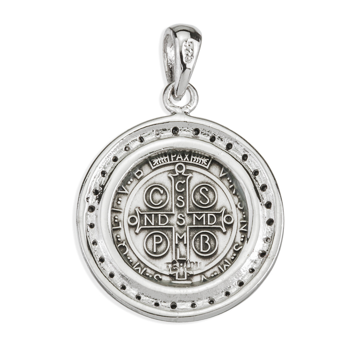 Saint Benedict Round Sterling Silver Medal with Cubic Zirconia's "CZ's"