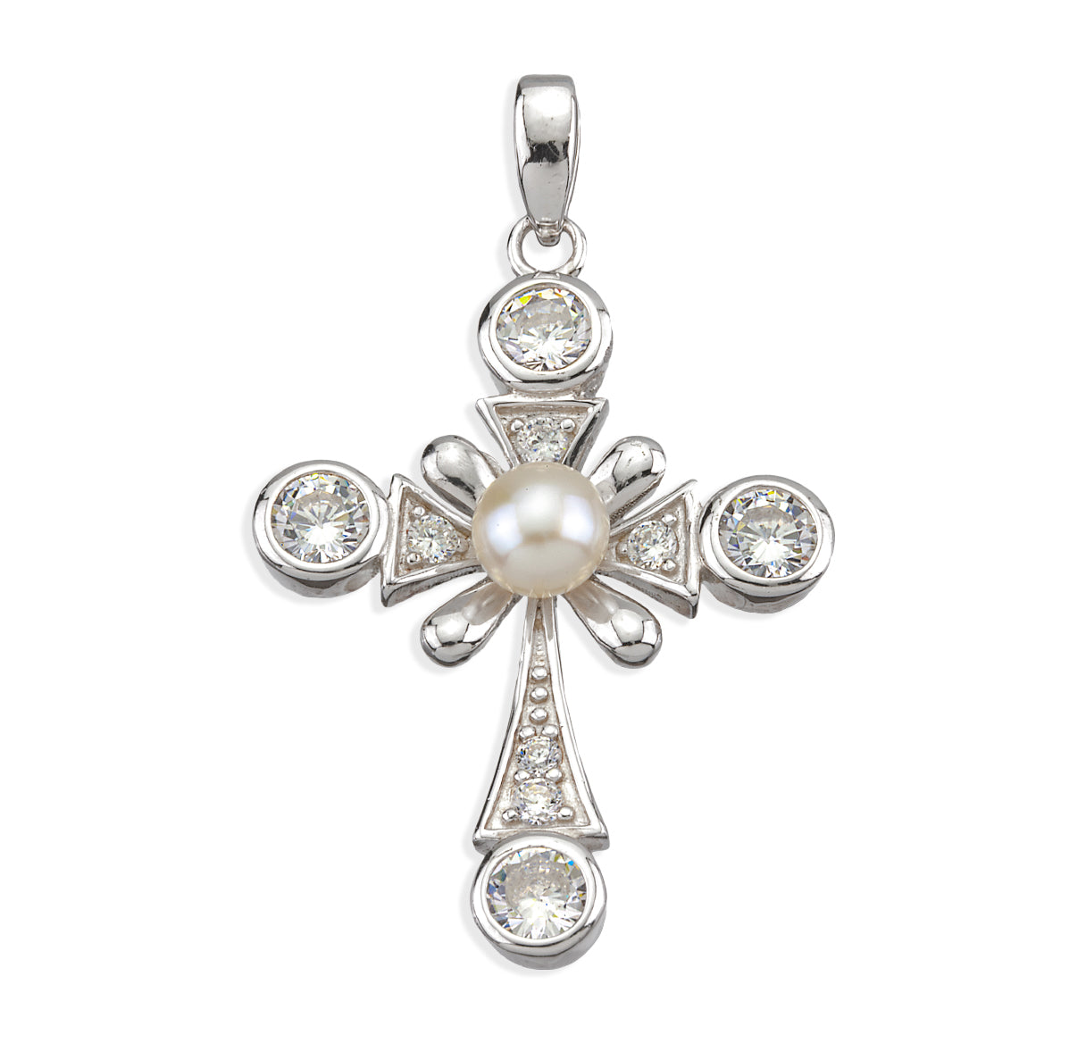 Sterling Silver Cross with Freshwater Pearl Ctr & CZ Accents