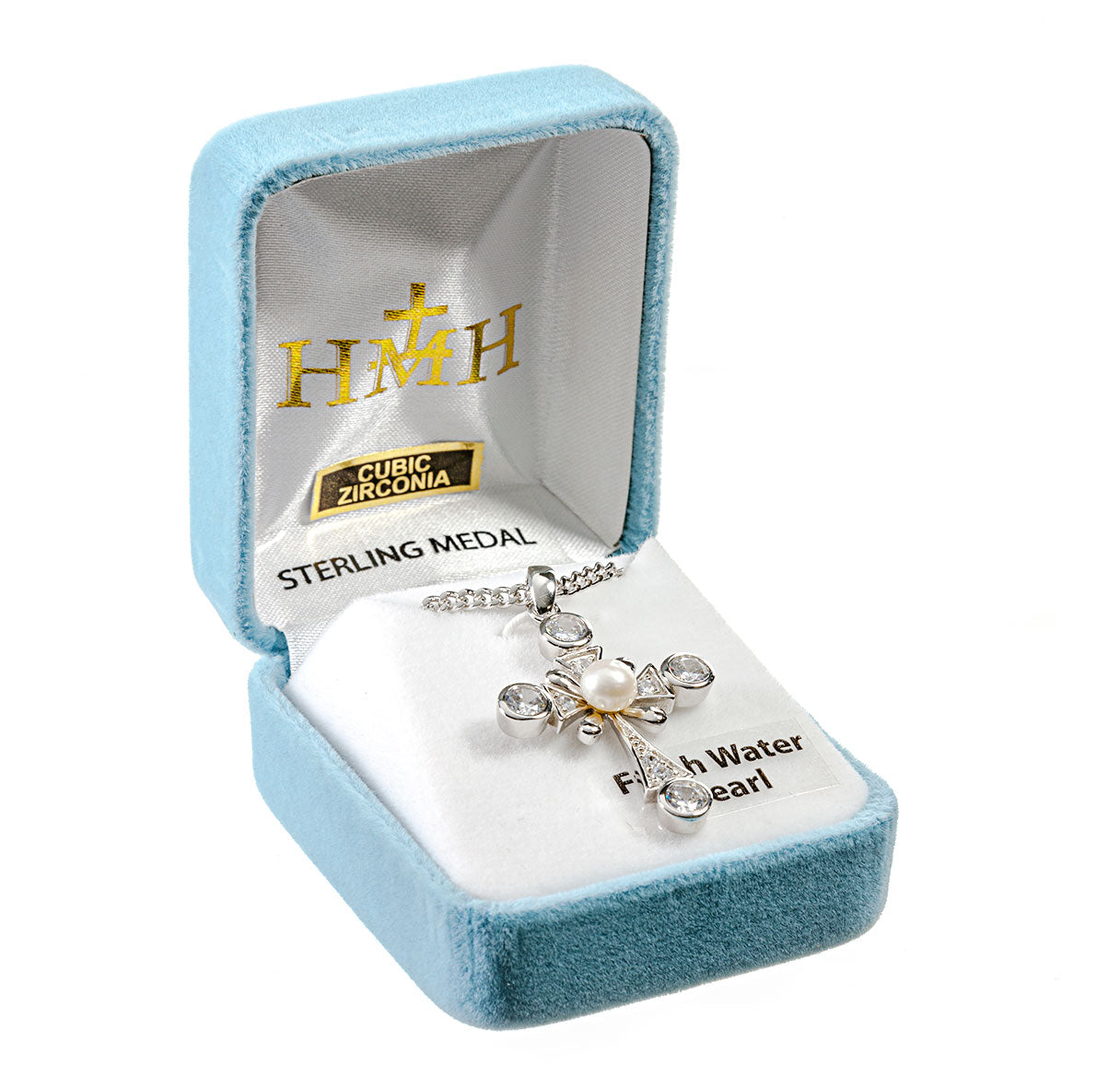 Sterling Silver Cross with Freshwater Pearl Ctr & CZ Accents