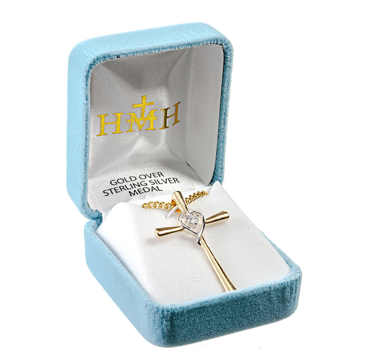 Gold Over Sterling Silver Two-Tone Cross with Rhodium Plated Heart & CZ stone Settings