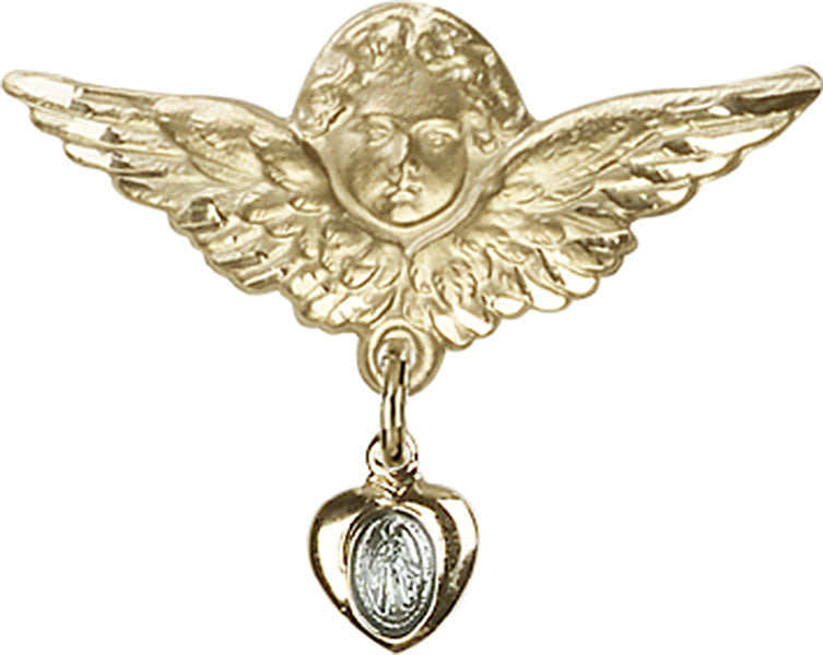 14kt Gold Baby Badge with Blue Miraculous Charm and Angel / Wings Pin