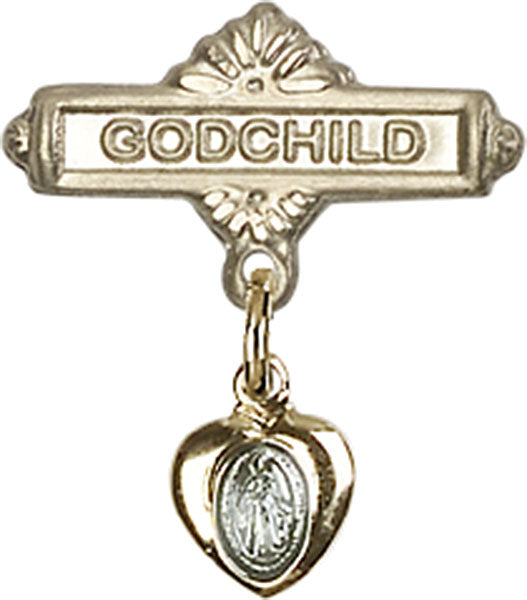 14kt Gold Baby Badge with Blue Miraculous Charm and Godchild Pin