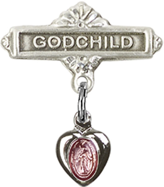 Sterling Silver Baby Badge with Pink Miraculous Charm and Godchild Badge Pin