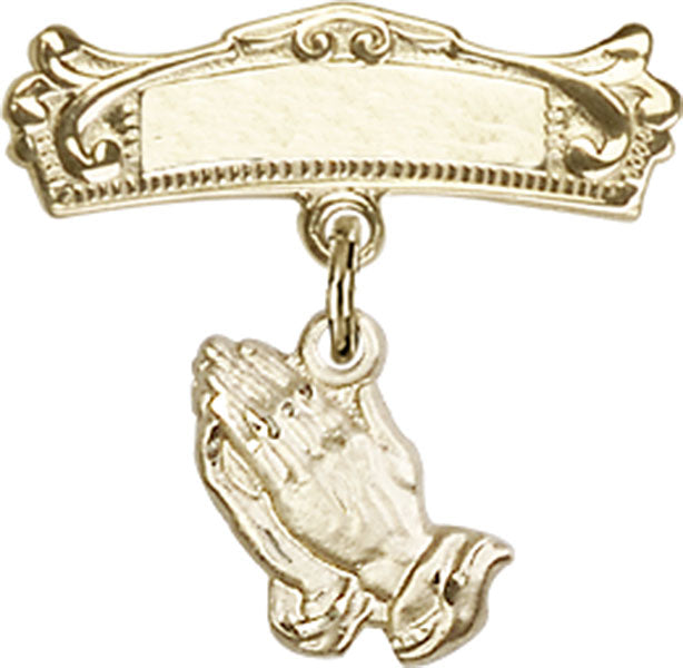 14kt Gold Filled Baby Badge with Praying Hands Charm and Arched Polished Badge Pin Pin