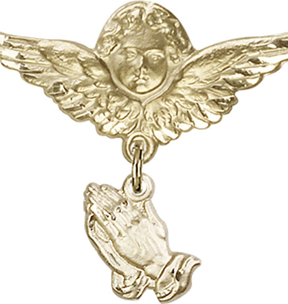 14kt Gold Filled Baby Badge with Praying Hands Charm and Angel / Wings Pin