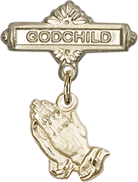 14kt Gold Filled Baby Badge with Praying Hands Charm and Godchild Pin