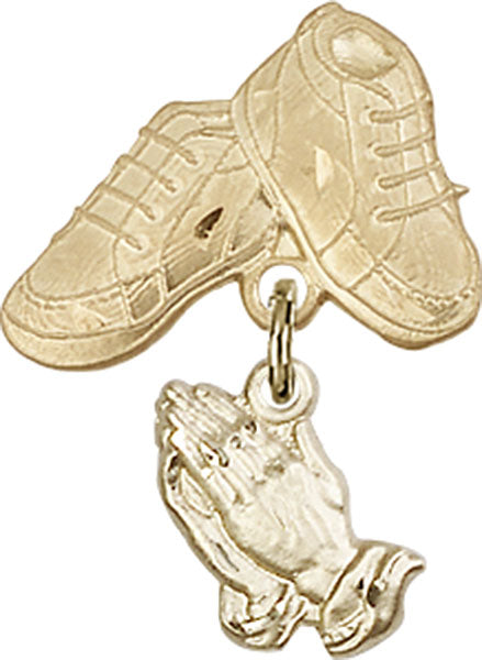 14kt Gold Filled Baby Badge with Praying Hands Charm and Baby Boots Pin