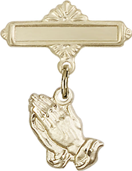 14kt Gold Baby Badge with Praying Hands Charm and Badge Pin Pin