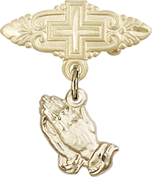 14kt Gold Baby Badge with Praying Hands Charm and Badge Pin w/Cross Pin