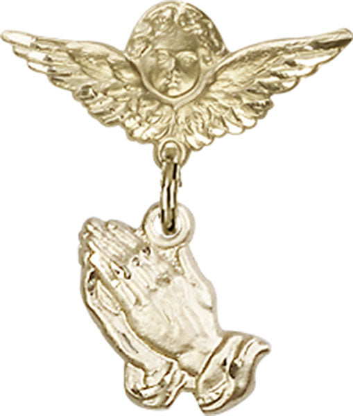 14kt Gold Baby Badge with Praying Hands Charm and Angel / Wings Pin