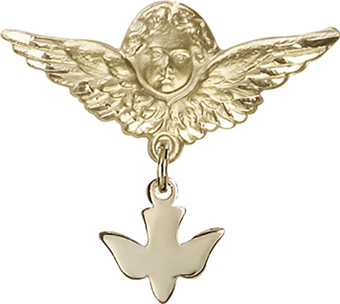 14kt Gold Filled Baby Badge with Holy Spirit Charm and Angel w/Wings Badge Pin