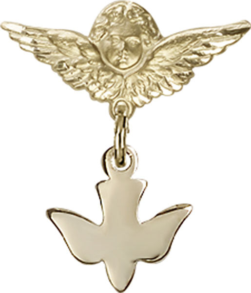 14kt Gold Baby Badge with Holy Spirit Charm and Angel w/Wings Badge Pin
