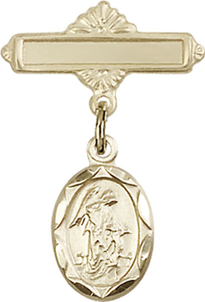 14kt Gold Baby Badge with Guardian Angel Charm and Polished Badge Pin