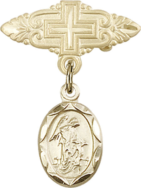 14kt Gold Baby Badge with Guardian Angel Charm and Badge Pin with Cross