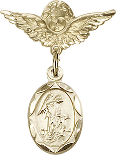 14kt Gold Baby Badge with Guardian Angel Charm and Angel w/Wings Badge Pin