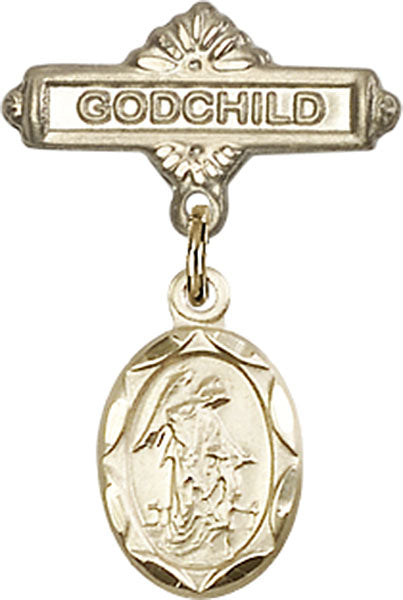 14kt Gold Baby Badge with Guardian Angel Charm and Godchild Badge Pin