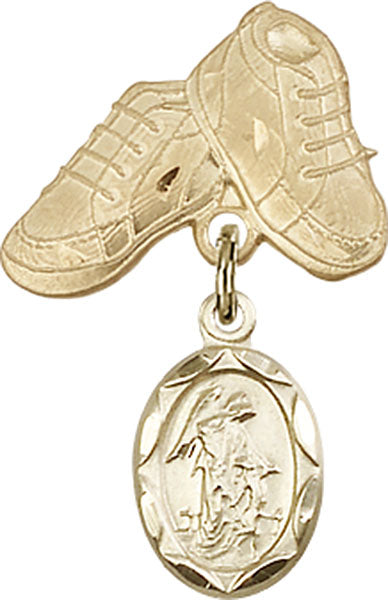 14kt Gold Baby Badge with Guardian Angel Charm and Baby Boots Pin
