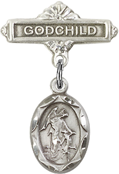 Sterling Silver Baby Badge with Guardian Angel Charm and Godchild Badge Pin