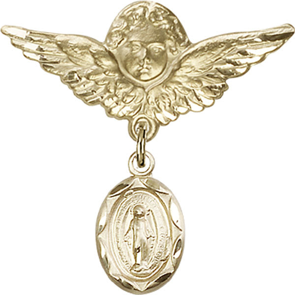 14kt Gold Filled Baby Badge with Miraculous Charm and Angel w/Wings Badge Pin