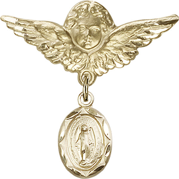 14kt Gold Baby Badge with Miraculous Charm and Angel w/Wings Badge Pin