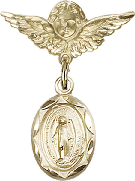 14kt Gold Baby Badge with Miraculous Charm and Angel w/Wings Badge Pin