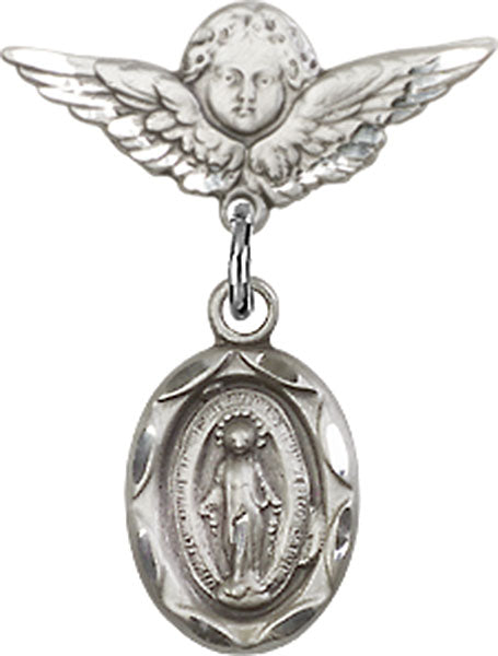 Sterling Silver Baby Badge with Miraculous Charm and Angel w/Wings Badge Pin