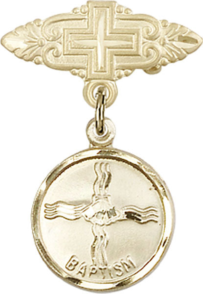 14kt Gold Baby Badge with Baptism Charm and Badge Pin w/Cross Pin