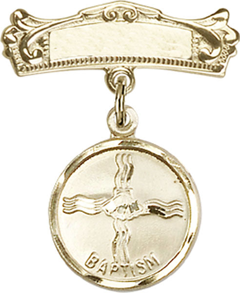 14kt Gold Baby Badge with Baptism Charm and Arched Polished Badge Pin Pin
