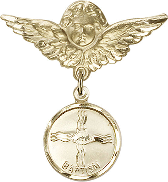 14kt Gold Baby Badge with Baptism Charm and Angel / Wings Pin