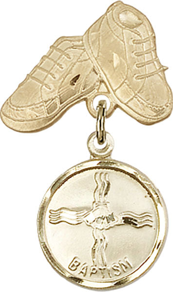 14kt Gold Baby Badge with Baptism Charm and Baby Boots Pin