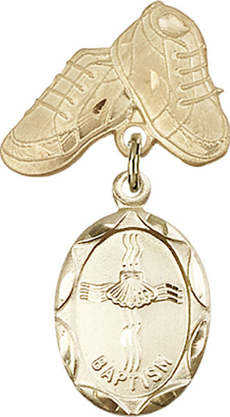 14kt Gold Baby Badge with Baptism Charm and Baby Boots Pin