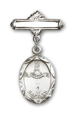 Sterling Silver Baby Badge with Baptism Charm and Polished Badge Pin