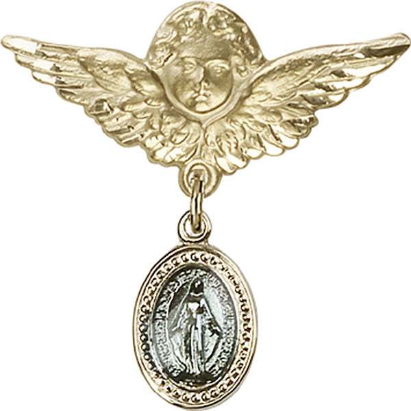 14kt Gold Filled Baby Badge with Blue Miraculous Charm and Angel w/Wings Badge Pin
