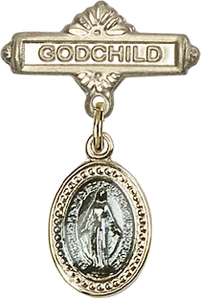 14kt Gold Baby Badge with Blue Miraculous Charm and Godchild Pin