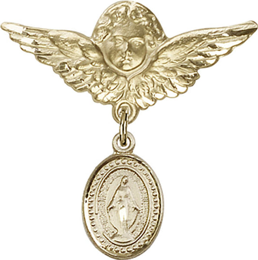 14kt Gold Baby Badge with Miraculous Charm and Angel w/Wings Badge Pin