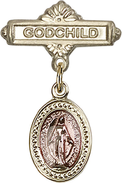 14kt Gold Filled Baby Badge with Pink Miraculous Charm and Godchild Badge Pin