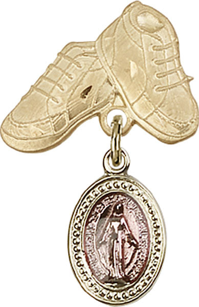14kt Gold Filled Baby Badge with Pink Miraculous Charm and Baby Boots Pin