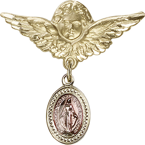 14kt Gold Baby Badge with Pink Miraculous Charm and Angel / Wings Pin