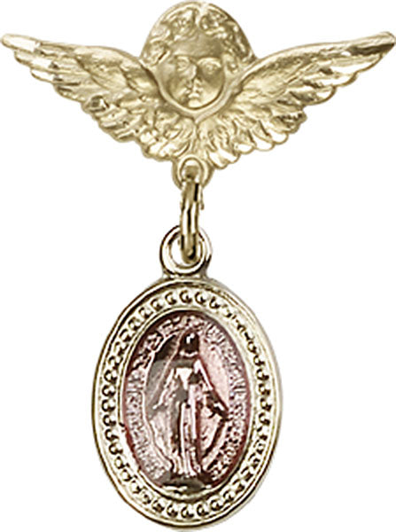 14kt Gold Baby Badge with Pink Miraculous Charm and Angel / Wings Pin