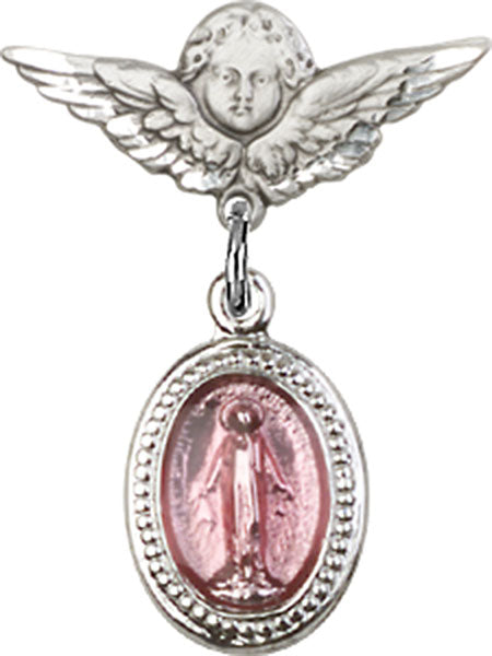 Sterling Silver Baby Badge with Pink Miraculous Charm and Angel w/Wings Badge Pin