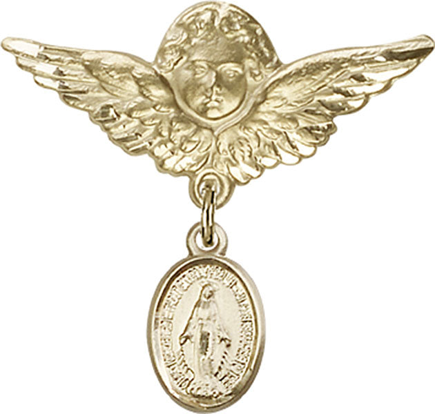 14kt Gold Baby Badge with Miraculous Charm and Angel w/Wings Badge Pin