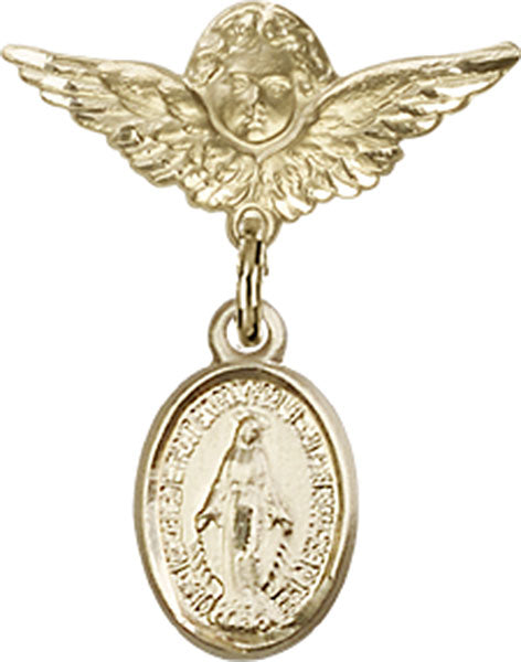 14kt Gold Baby Badge with Miraculous Charm and Angel w/Wings Badge Pin