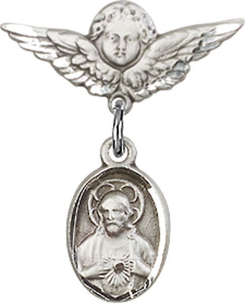 Sterling Silver Baby Badge with Scapular Charm and Angel w/Wings Badge Pin
