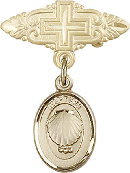 14kt Gold Baby Badge with Baptism Charm and Badge Pin with Cross