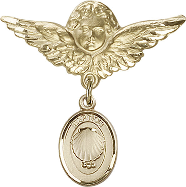 14kt Gold Baby Badge with Baptism Charm and Angel w/Wings Badge Pin