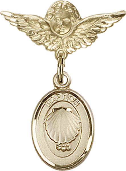 14kt Gold Baby Badge with Baptism Charm and Angel w/Wings Badge Pin