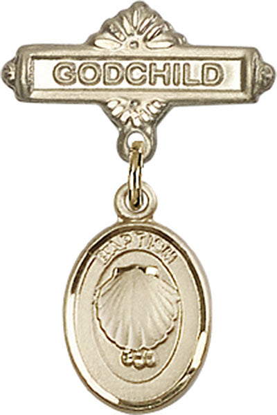 14kt Gold Baby Badge with Baptism Charm and Godchild Badge Pin